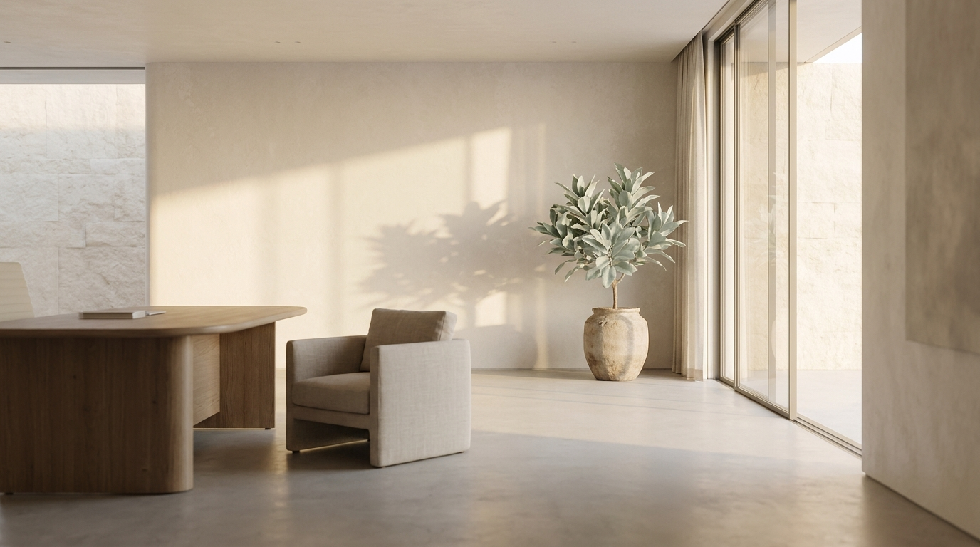 A calm, sunlit office interior