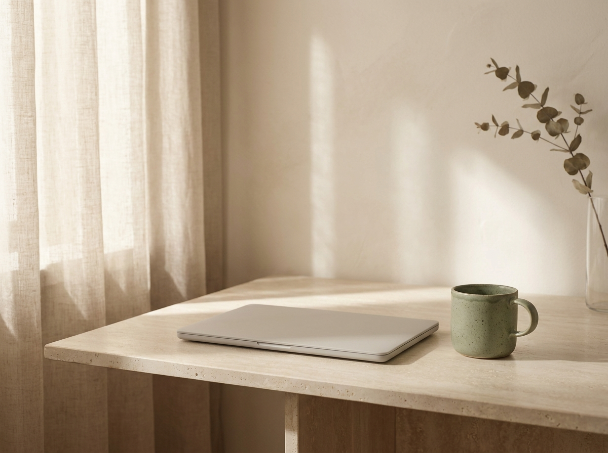 A calm desk with a closed laptop in soft morning light